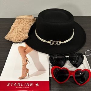 Eras Tour Outfit - Black Felt Hat, Nude Fishnet Tights & 2 Heart Sunglasses